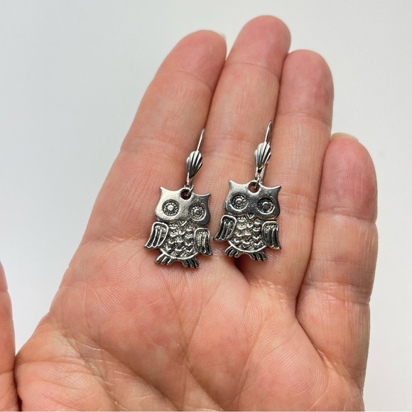 Vintage French Lever Back Owl Earrings Dangle - Picture 5 of 5